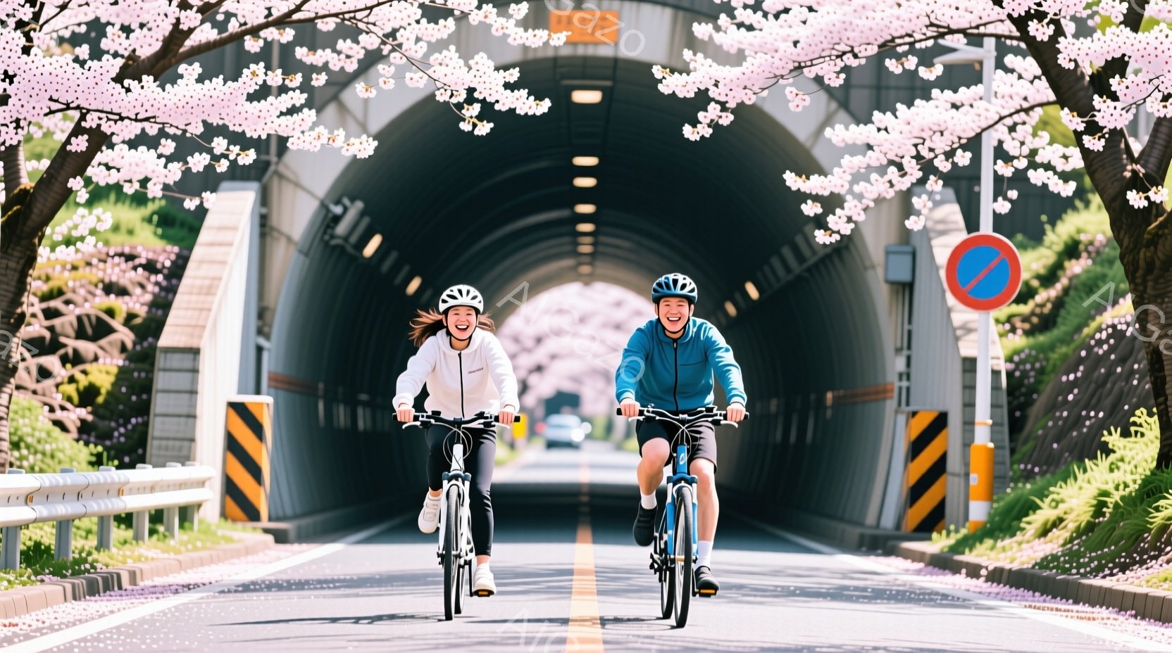 道路トンネルを自転車で走る男女が写っています。女性は白いジャケット、男性は青いジャケットを着ており、ヘルメットを着用しています。両者とも笑顔で、桜並木がトンネルの入り口と両側を彩り、春の穏やかな雰囲気を醸し出しています。