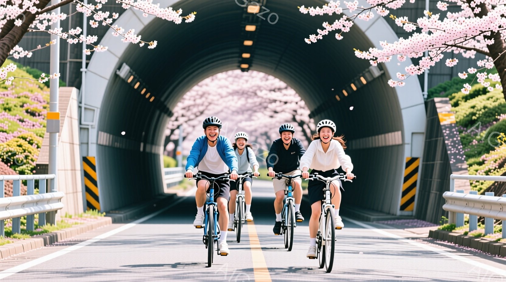4人の人物が自転車に乗ってトンネルの中を走っている写真です。全員がヘルメットを着用し、カジュアルな服装で、笑顔を浮かべています。トンネルの入り口と出口は桜並木に囲まれ、春の暖かく明るい雰囲気を醸し出しています。