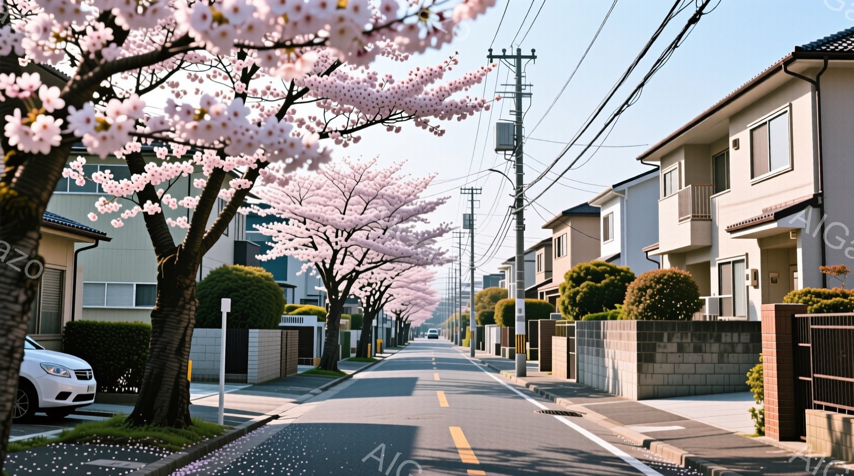住宅街の道路が桜並木で彩られ、満開の桜が空を覆っている。道路には散った桜の花びらが舞い、春の訪れを感じさせる穏やかな情景が広がっている。住宅は白を基調としたモダンなデザインで、整然とした街並みが特徴的 - AI生成フリー素材