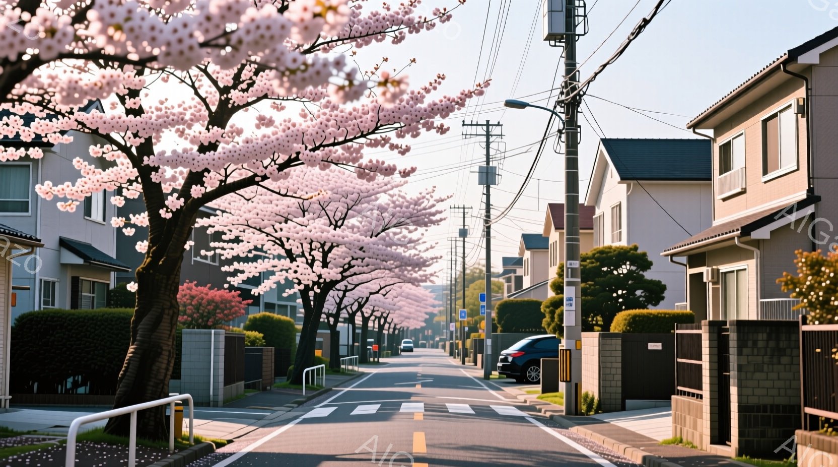 春の穏やかな住宅街の風景で、道路の両側に桜の木が並び、満開の花がトンネルのように咲き誇っています。日差しが暖かく、空は晴れ渡り、アスファルトの道にはわずかな影が落ちています。整然と並んだ住宅は明るい色調で統一されており、全体的に平和で静謐な雰囲気が漂っています。
