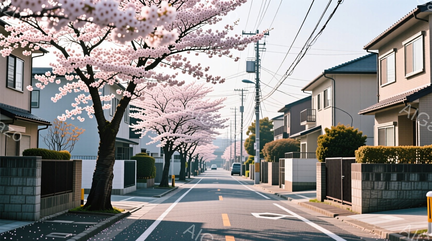 住宅街の道路が、満開の桜並木によって彩られています。道路両脇には灰色のブロック塀と整然と手入れされた生垣が並び、手前に散った桜の花びらが薄く広がっています。背景には薄暗い山並みが確認でき、穏やかで春らしい静寂な雰囲気が漂っています。