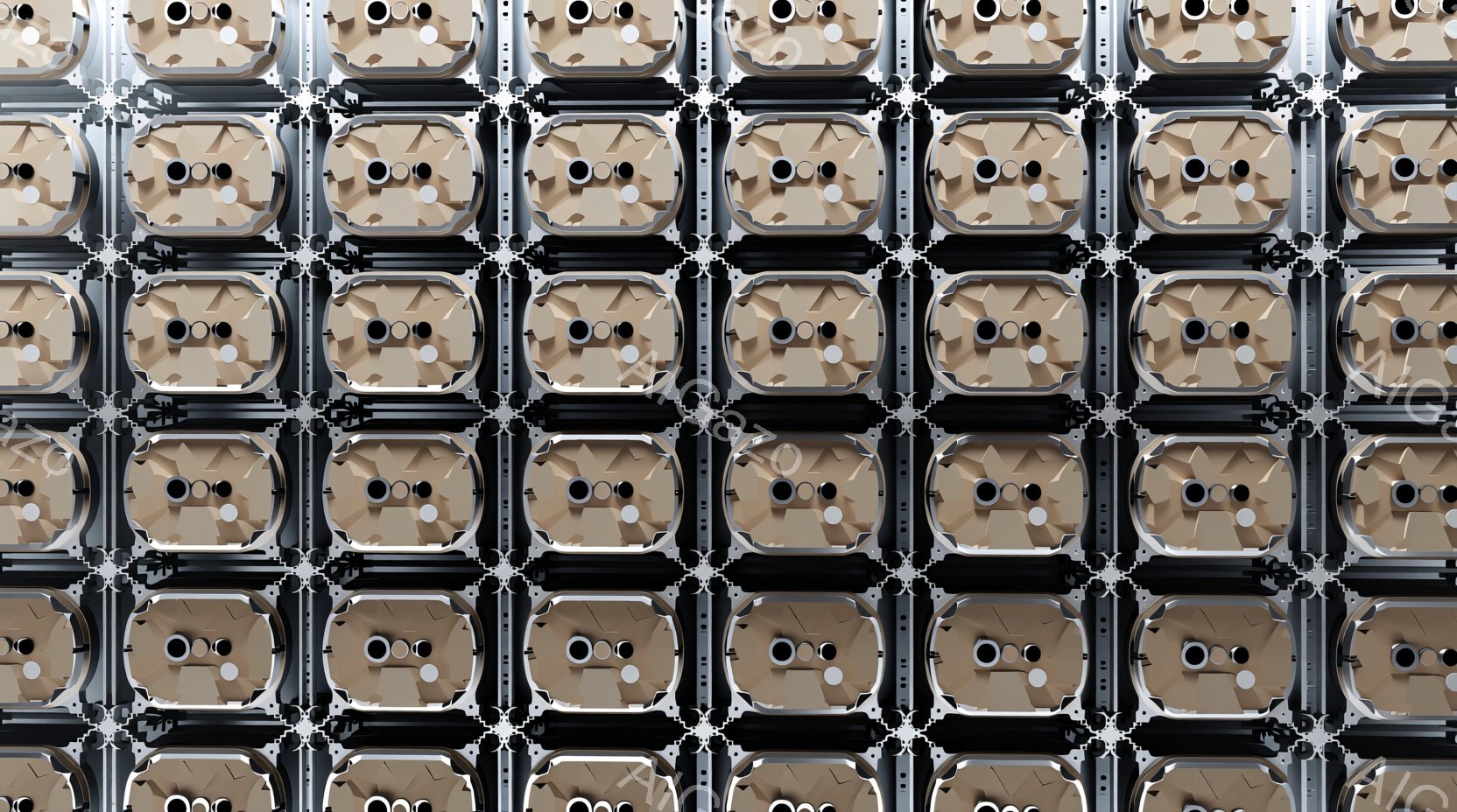 整然と並んだ多数の金属製の構造体が密に詰め込まれた、繰り返しパターンを描いています。各構造体は、中央に円形の開口部を持つ、角が丸みを帯びた長方形のパネルで構成されており、全体的に工業的で技術的な印象を与えます。均一な配置と金属の質感は、無機質で未来的な雰囲気を醸し出しています。