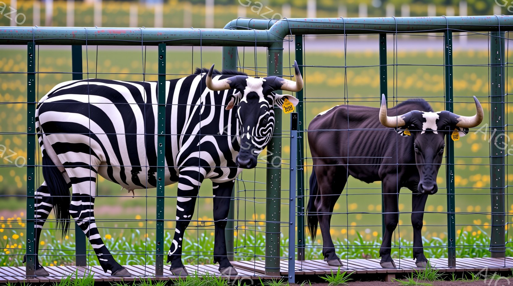 柵に囲まれた緑豊かな牧草地で、2頭のヌーが立っている様子が写っています。一方のヌーは白と黒の縞模様で、もう一方は濃いグレーの体色をしており、どちらも力強く堂々とした姿勢で、頭には小さな黄色いタグが付いています。背景には黄色い花が咲き乱れ、穏やかな春の日の雰囲気が漂っています。