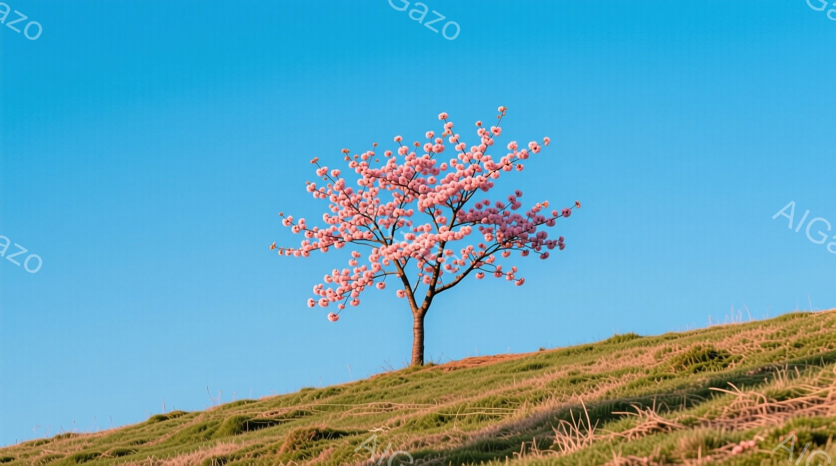 ゆるやかな丘の上に一本の木が立っている。その木はピンク色の花で覆われ、春の訪れを告げているようだ。背景は澄んだ青空で、穏やかで平和な雰囲気が漂っている。