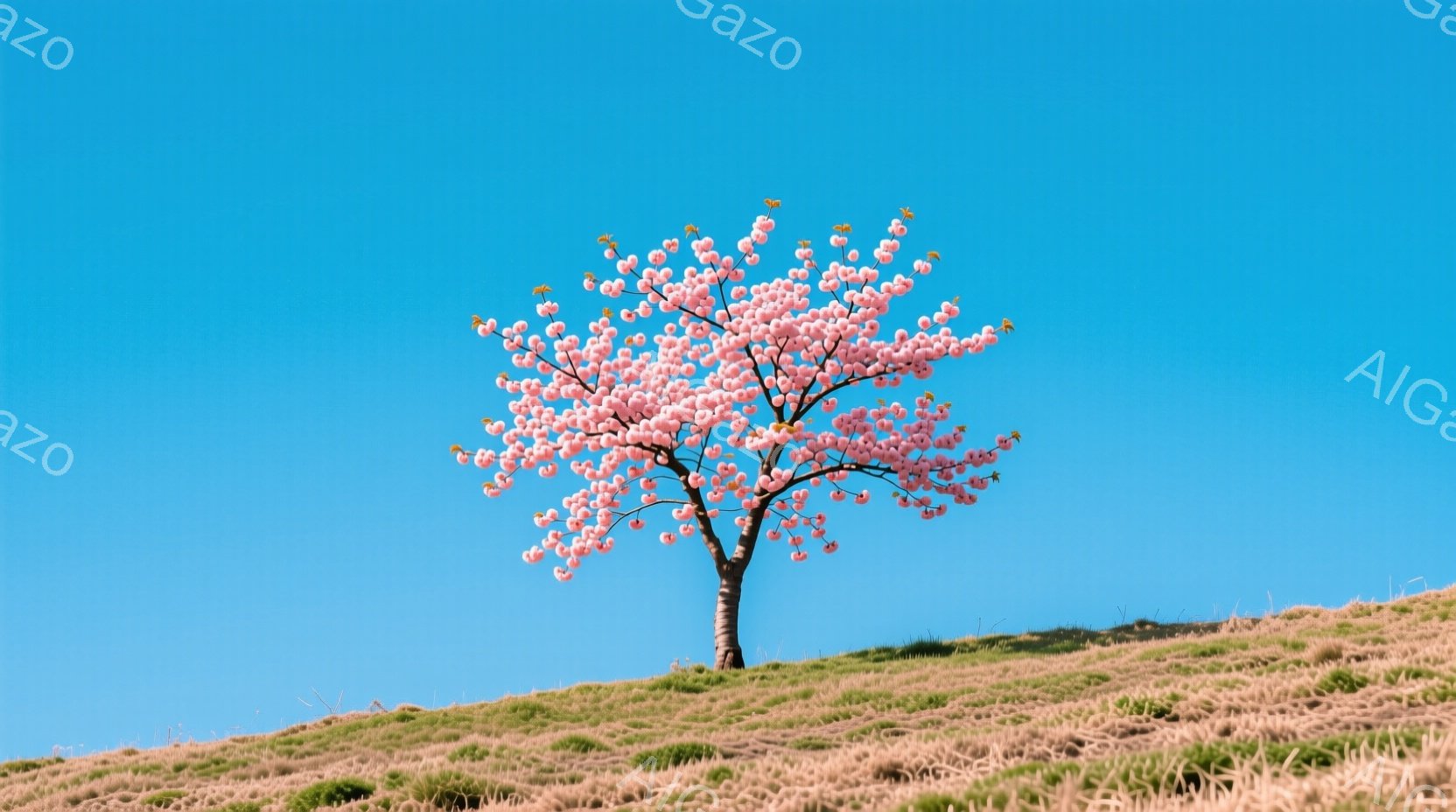 丘の上に一本の桜の木が立っている。木全体がピンク色の花で覆われ、鮮やかな春の風景を象徴している。空は澄んだ青色で、背景は緑と茶色の草で覆われた穏やかな丘陵地帯である。 - AI生成フリー素材