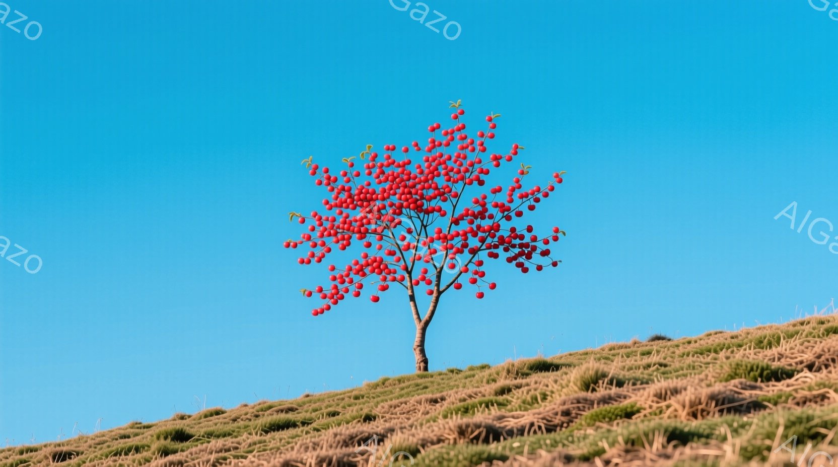 穏やかな青空の下、茶色の丘の上に一本の赤い実をつけた木がそびえ立っている。木は密集した赤い実で覆われ、枯れた草の上に鮮やかなコントラストを生み出している。全体的に静かで平和な、自然のシンプルな美しさを - AI生成フリー素材