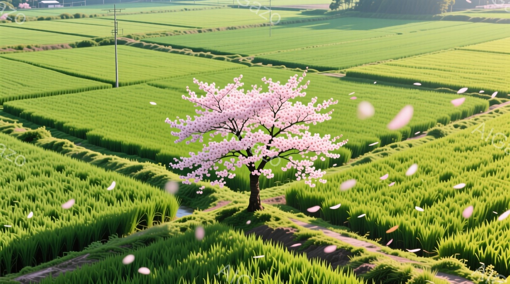 広大な緑色の田園風景の中に、一本の桜の木が咲き誇っています。桜の花びらが舞い散り、穏やかな春の風を感じさせます。背景には、整然と並んだ田んぼと遠くに見える山々が広がっており、平和で美しい雰囲気を醸し出 - AI生成フリー素材