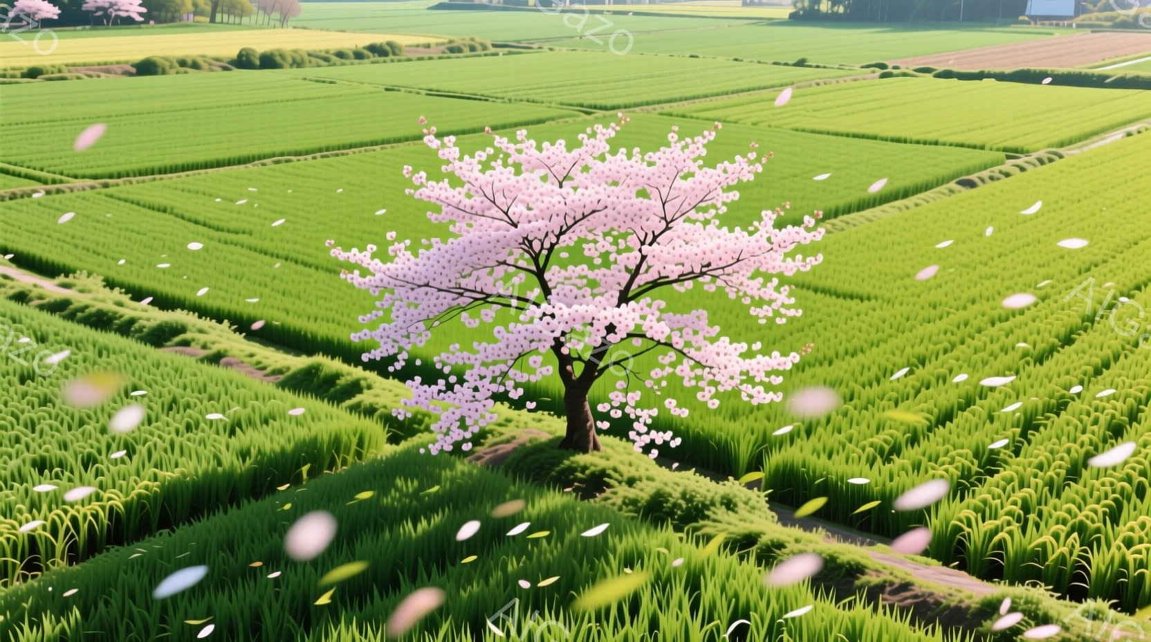広大な緑色の田園風景の中に、ピンク色の桜の木が一つ鮮やかに咲き誇っています。周囲の田んぼは整然と区画され、遠くにはぼんやりと建物が見え、穏やかな春の陽気に包まれた平和な光景です。 舞い散る桜の花びらが、春の訪れと生命の息吹を感じさせます。