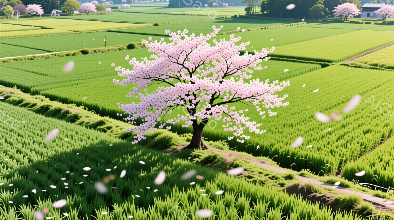 鮮やかな緑色の田んぼが広がる風景の中に、一本の桜の木が咲き誇っています。桜の花びらが舞い散り、柔らかい光が田んぼを照らし、穏やかで平和な雰囲気を醸し出しています。遠景には建物が見え、春の穏やかな天候が - AI生成フリー素材