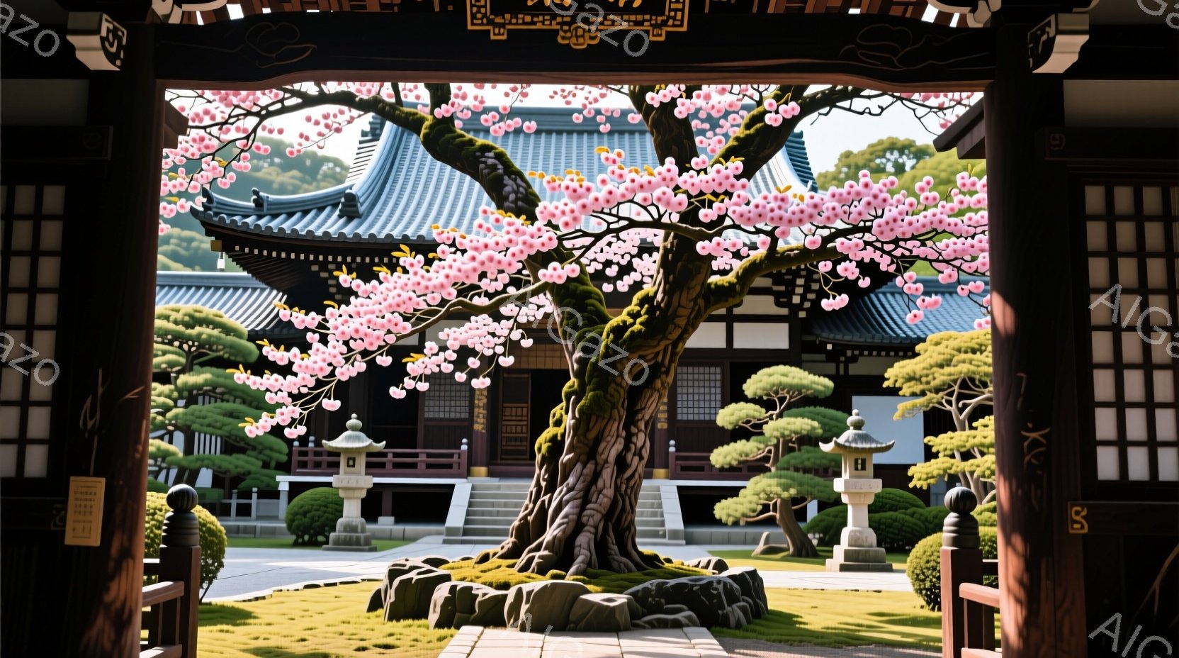 古い寺院の門から見た風景で、満開の桜が中心に位置しています。桜の根元には石が積み上げられ、その奥には伝統的な建築様式の寺院が見え、緑豊かな庭園が広がっています。穏やかな日差しが差し込み、静かで平和な雰囲気を醸し出しています。