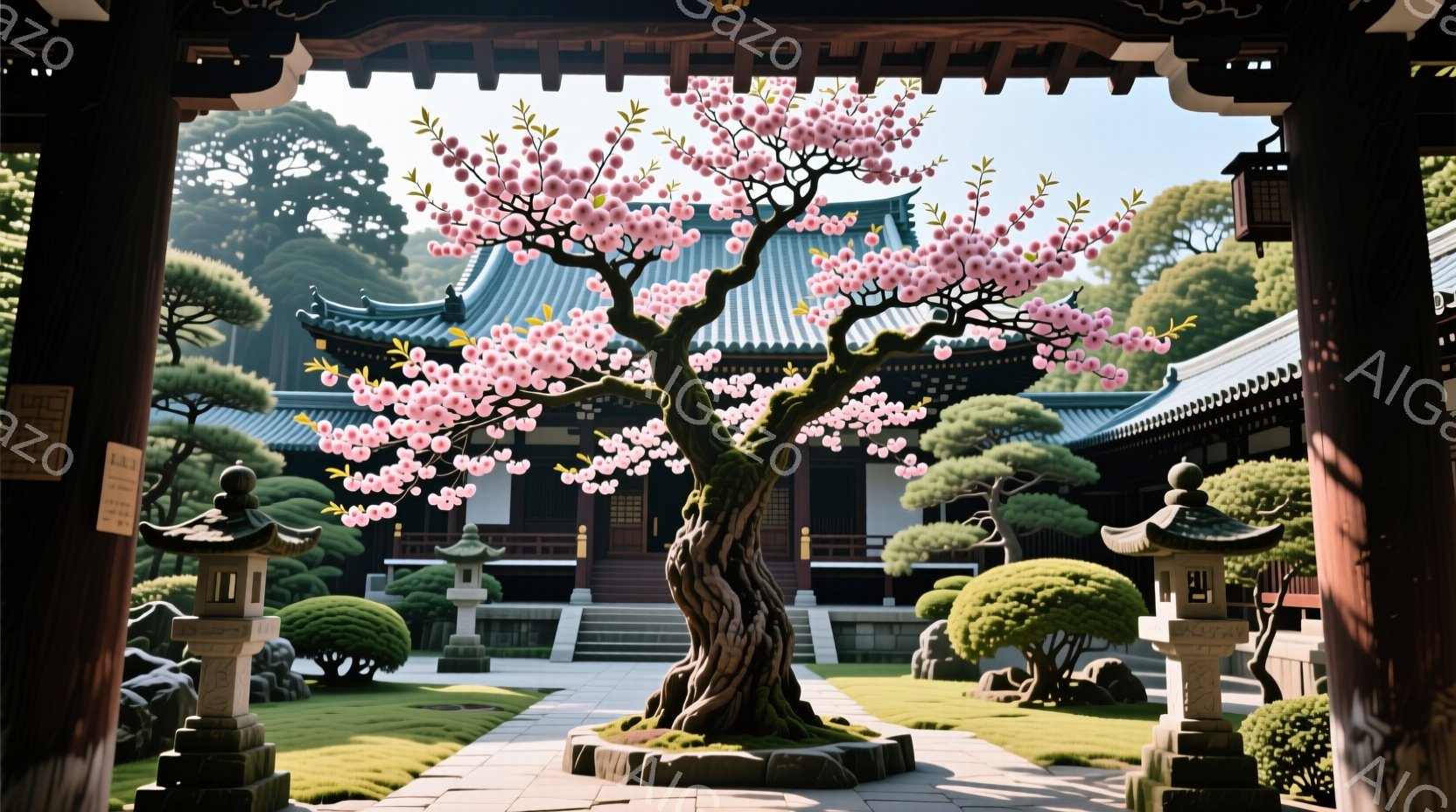日本の伝統的な寺院の庭園を捉えています。中央には見事な桜の木が咲き誇り、庭園の緑と寺院の建築様式との美しいコントラストを形成しています。石灯籠や整えられた芝生が庭園の静寂と平和な雰囲気を高めています。 - AI生成フリー素材