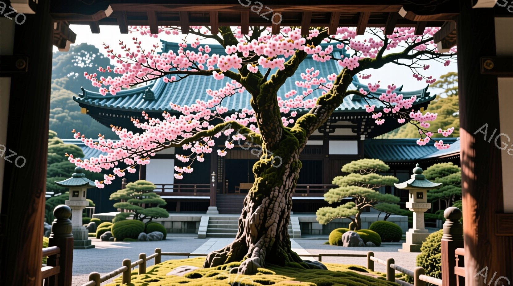 寺院の建物が背景に広がり、鮮やかな緑の苔の上に堂々と立つ一本の桜の木が印象的です。木は満開の桜の花で覆われ、その美しいピンク色が寺院の落ち着いた色合いと対照的です。石灯籠や手すり、手入れの行き届いた庭 - AI生成フリー素材