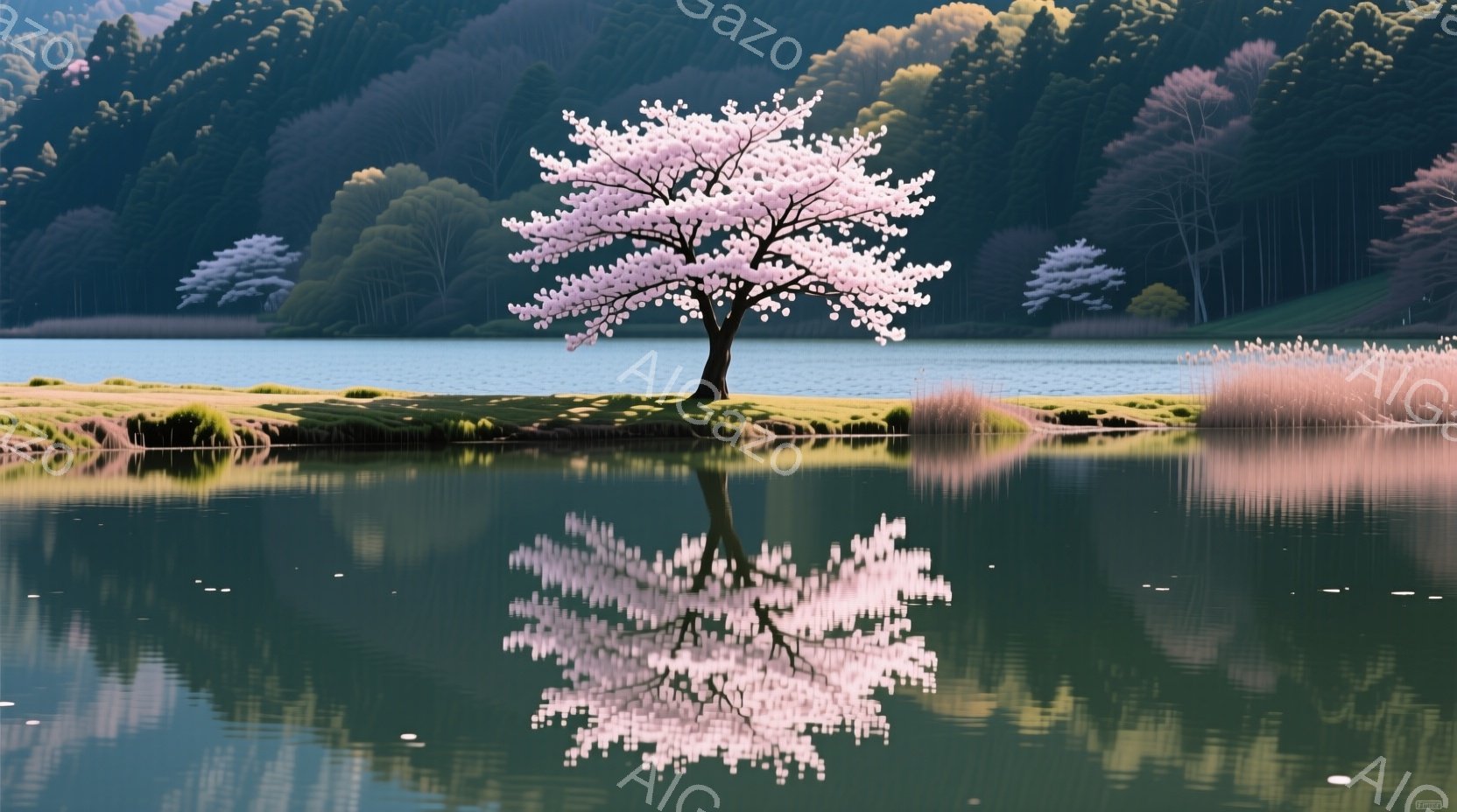 穏やかな湖に、満開の桜が映り込み、水面に美しい反射を作っている。背景には緑豊かな山々が連なり、湖畔にはススキが生い茂り、静寂で牧歌的な雰囲気を醸し出している。空は晴れ、穏やかな春の日の光景が、まるで絵画のように表現されている。