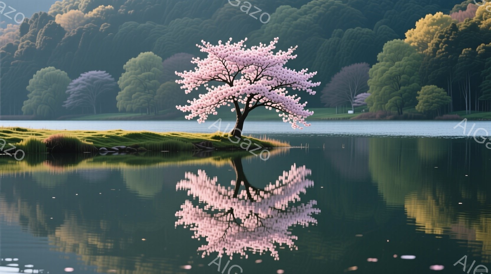 穏やかな湖面にピンク色の桜が咲き誇る風景です。水面に映る桜の姿が、まるで二つの桜が咲いているかのように見え、背景には緑豊かな丘と木々が生い茂り、静寂で平和な雰囲気を醸し出しています。全体的に、春の訪れ - AI生成フリー素材