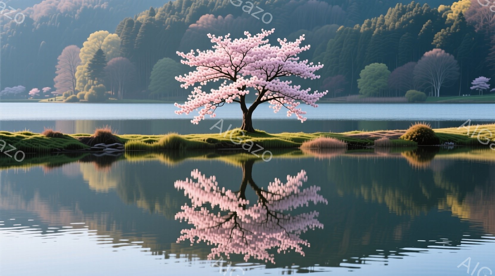 静かな湖に、満開の桜が映る風景です。湖面は穏やかで、桜の鮮やかなピンク色が水面に映り込み、美しい対照を作り出しています。背景には緑豊かな山々が連なり、春の穏やかな一日を表現しています。