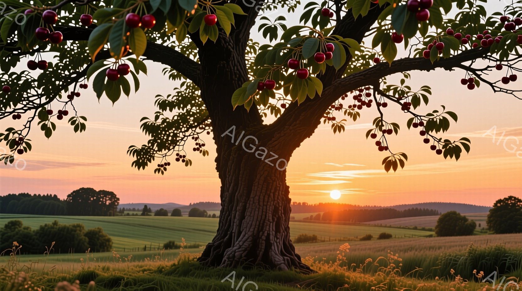 鮮やかな夕焼けを背景に、実をたくさんつけたサクランボの木が画面中央に大きくそびえています。幹は古く、深く刻まれた模様が特徴的で、周囲には緑豊かな草地が広がっています。遠くには畑や森が見え、穏やかで平和な田園風景が広がっています。