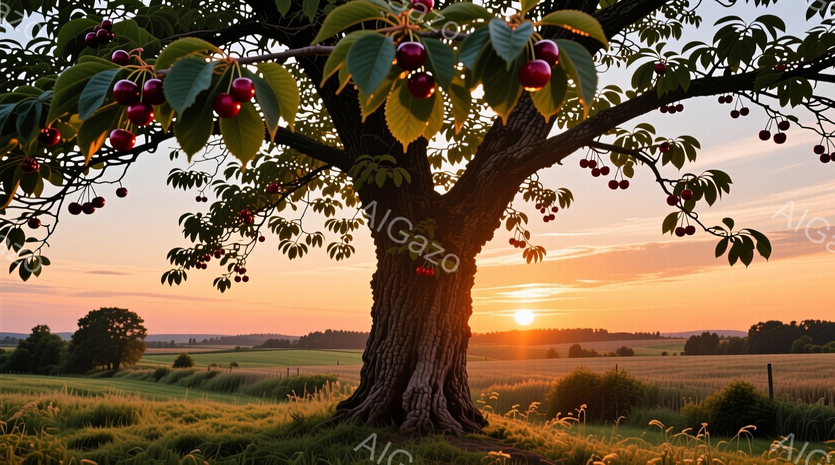 鮮やかな夕焼けを背景に、実をつけた桜の木が画面中央に大きく構えている。木は力強い幹を持ち、濃い緑の葉と赤い実が豊かに茂っている。周囲には黄金色の麦畑が広がり、遠くには緑の丘と森が見え、穏やかで平和な田園風景が広がっている。