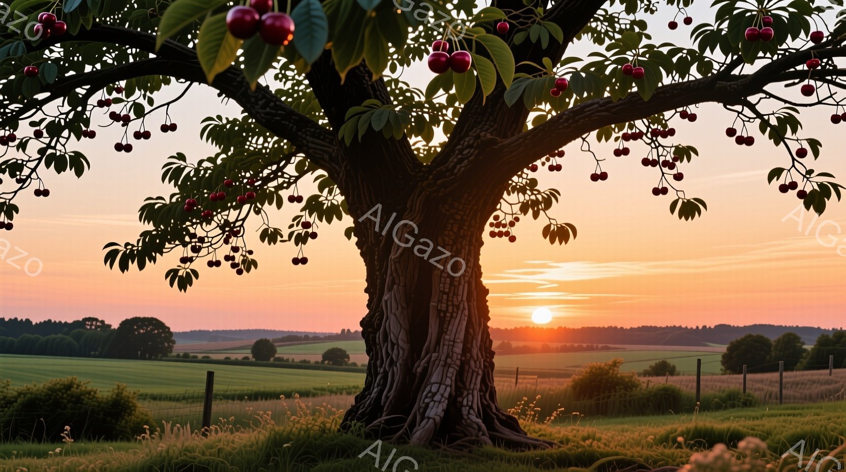 丘の上に堂々と立つ桜の木が印象的で、赤く熟した実が枝に豊かに実っている。背景には、夕焼けに染まる広大な田園風景が広がり、遠くには緑の丘と木々が見える穏やかな光景だ。夕日のオレンジとピンクのグラデーショ - AI生成フリー素材