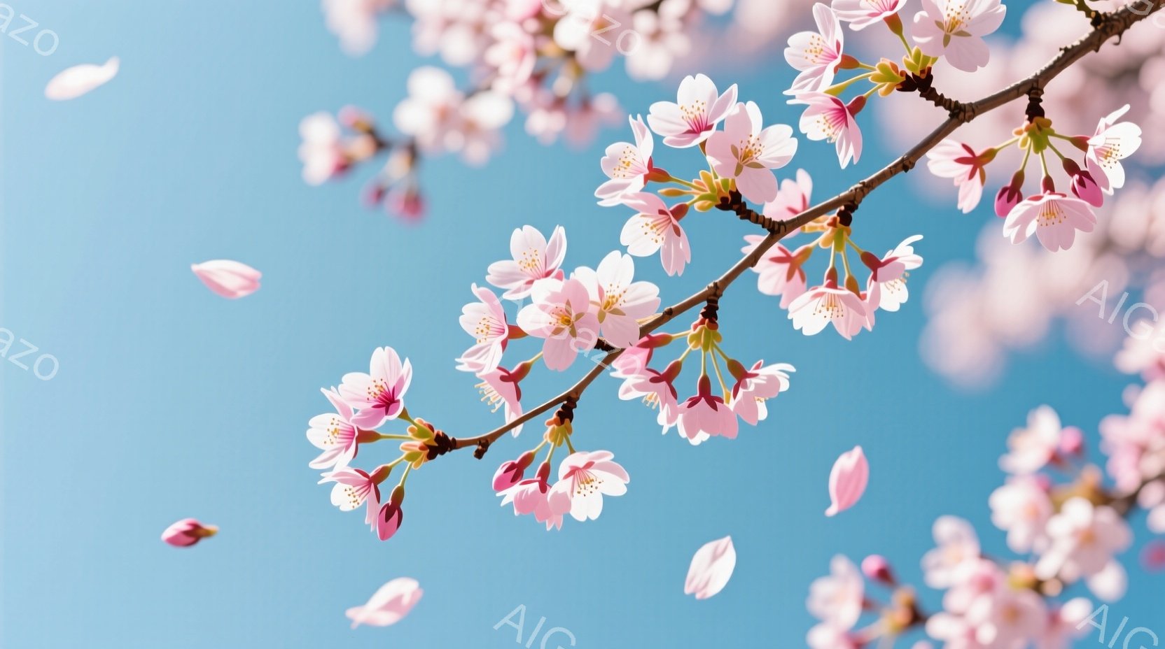 桜の枝が青空を背景に伸びており、淡いピンク色の花びらが舞い散っている様子が捉えられている。枝には多くの花が咲き誇り、春の訪れを感じさせる暖かく穏やかな雰囲気を醸し出している。背景の青空は澄み切っており、桜の淡いピンク色とのコントラストが美しい。