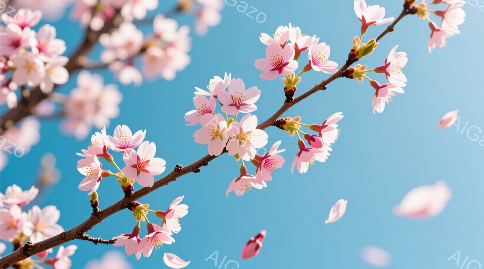 鮮やかな青空を背景に、桜の枝が大きく広がっています。淡いピンク色の桜の花が咲き誇り、数枚の花びらが舞い散っている様子が捉えられています。春の暖かく穏やかな雰囲気が伝わってくる美しい光景です。 - AI生成フリー素材