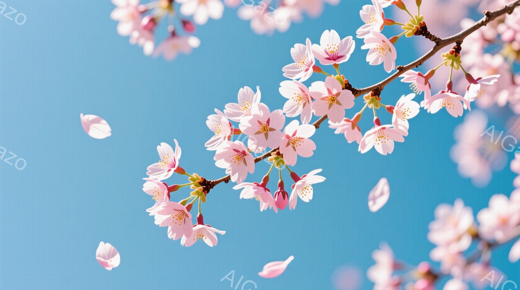 空は鮮やかな青色で、桜の花びらが舞い散っている様子が捉えられています。枝にはピンク色の美しい桜の花が密集し、春の暖かさと儚さを感じさせます。全体的に明るく、希望に満ちた雰囲気です。