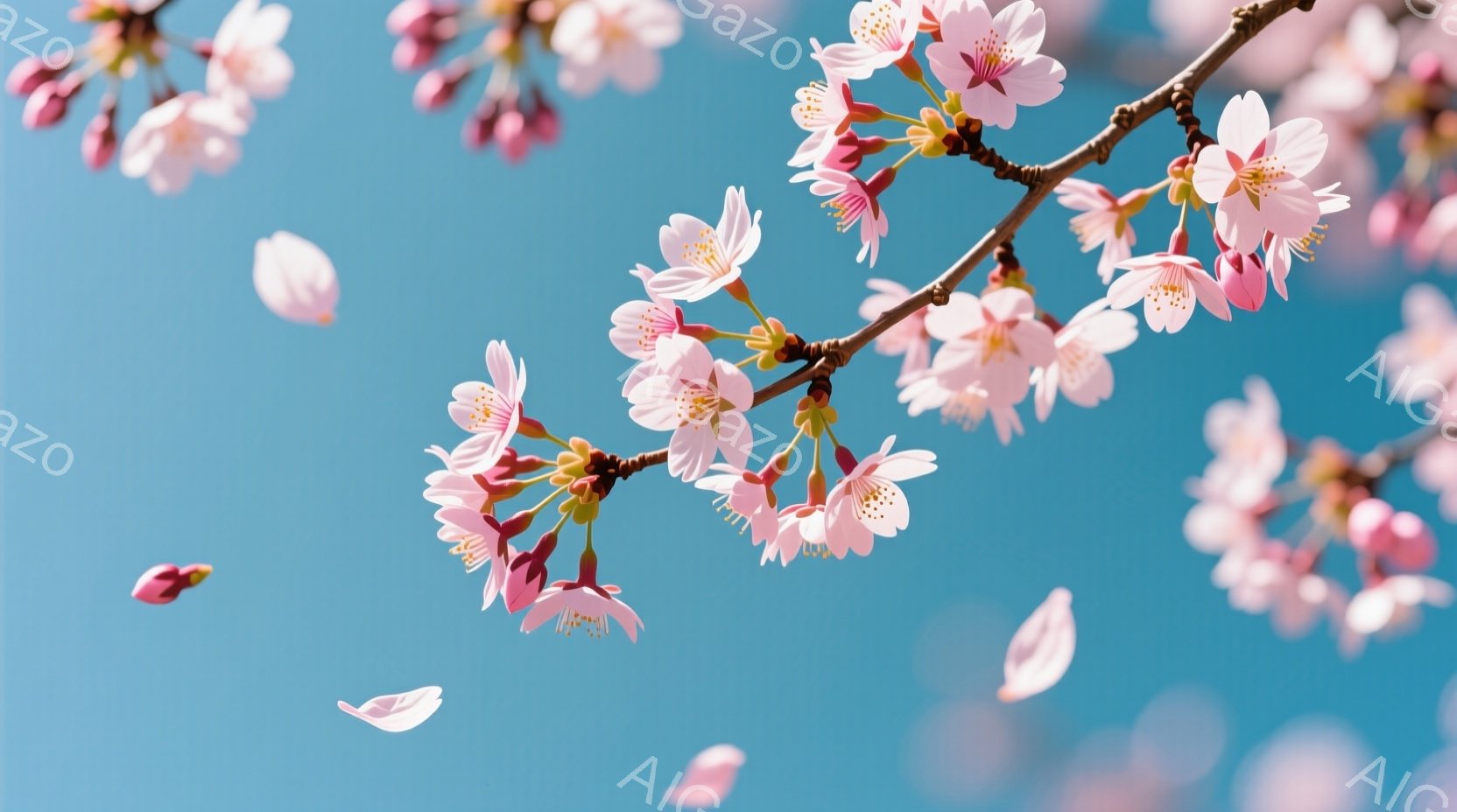 鮮やかな青空を背景に、桜の花枝が写っている。ピンク色の花びらが舞い落ちる様子が捉えられ、春の穏やかな雰囲気が漂っている。背景は空のみで、桜の美しさが際立っている。