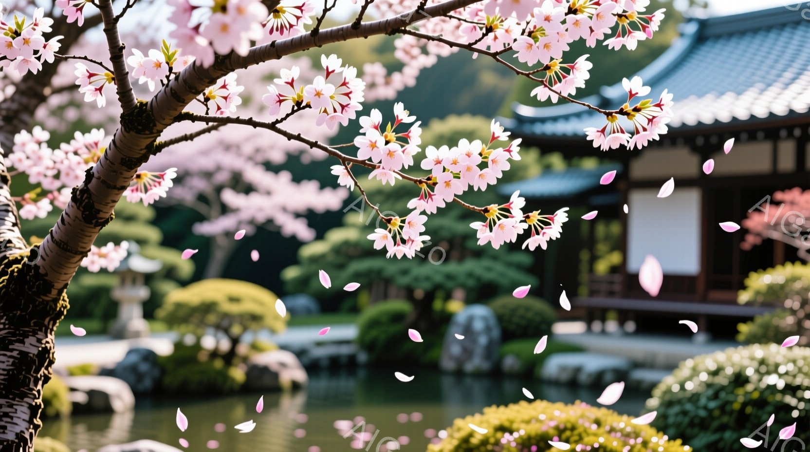 桜の花びらが舞い散る美しい庭園が描かれている。池には穏やかな水面が広がり、その周りを緑豊かな草木が囲んでいる。背景には伝統的な様式の建物が静かに佇み、春の暖かな日差しが全体を包み込むような、穏やかで優 - AI生成フリー素材