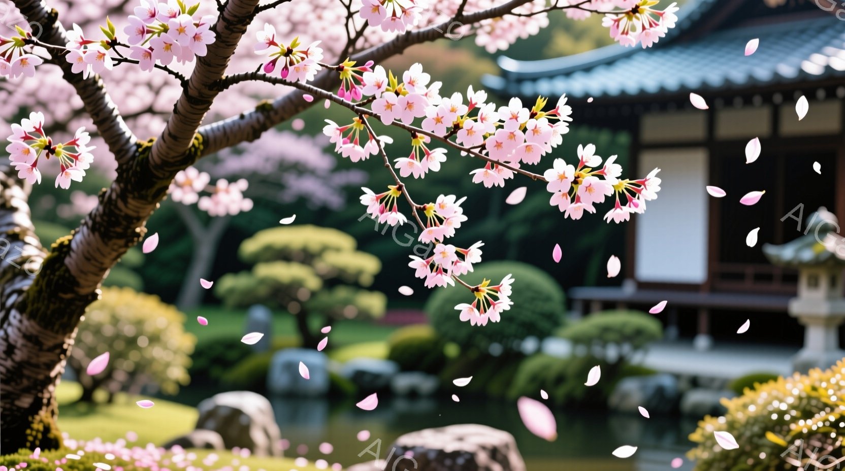 桜の木が画面いっぱいに咲き誇り、花びらが舞い散っている様子が捉えられている。背景には、日本庭園の趣を感じさせる建物や手入れの行き届いた庭園が広がり、穏やかな春の日の雰囲気が漂う。緑豊かな自然と伝統的な - AI生成フリー素材