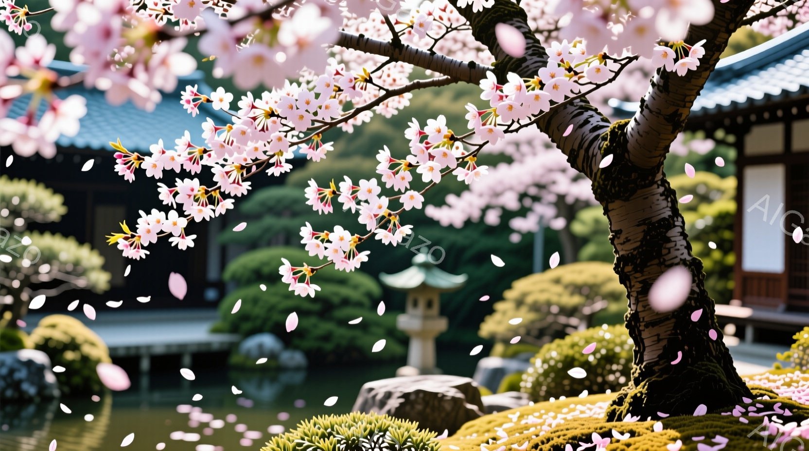 桜の花びらが舞い散る、日本庭園の一角が捉えられています。手入れの行き届いた芝生と刈り込まれた木々、そして石灯籠が配置され、背景には伝統的な様式の建物が見えます。穏やかな春の陽光が差し込み、優雅で静謐な雰囲気を醸し出しています。