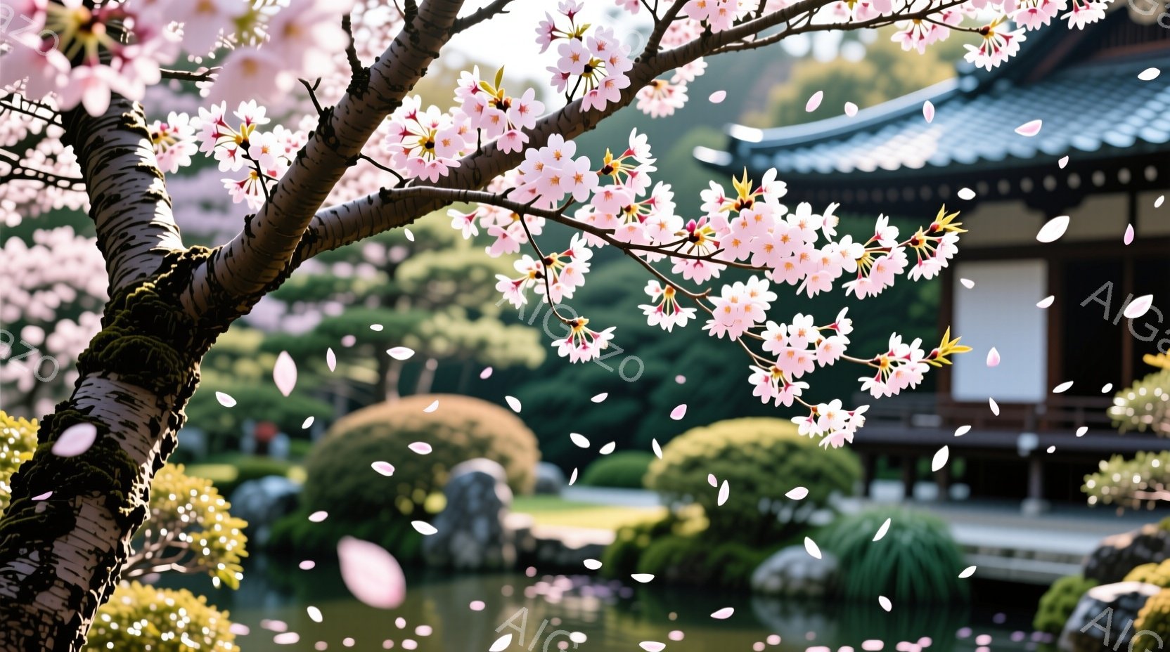 桜の花びらが舞い散る、穏やかな春の庭園の風景です。背景には伝統的な日本建築の建物が見え、手入れの行き届いた庭には丸い形の木々と池が広がっています。全体的に柔らかい光が差し込み、静かで平和な雰囲気を醸し出しています。