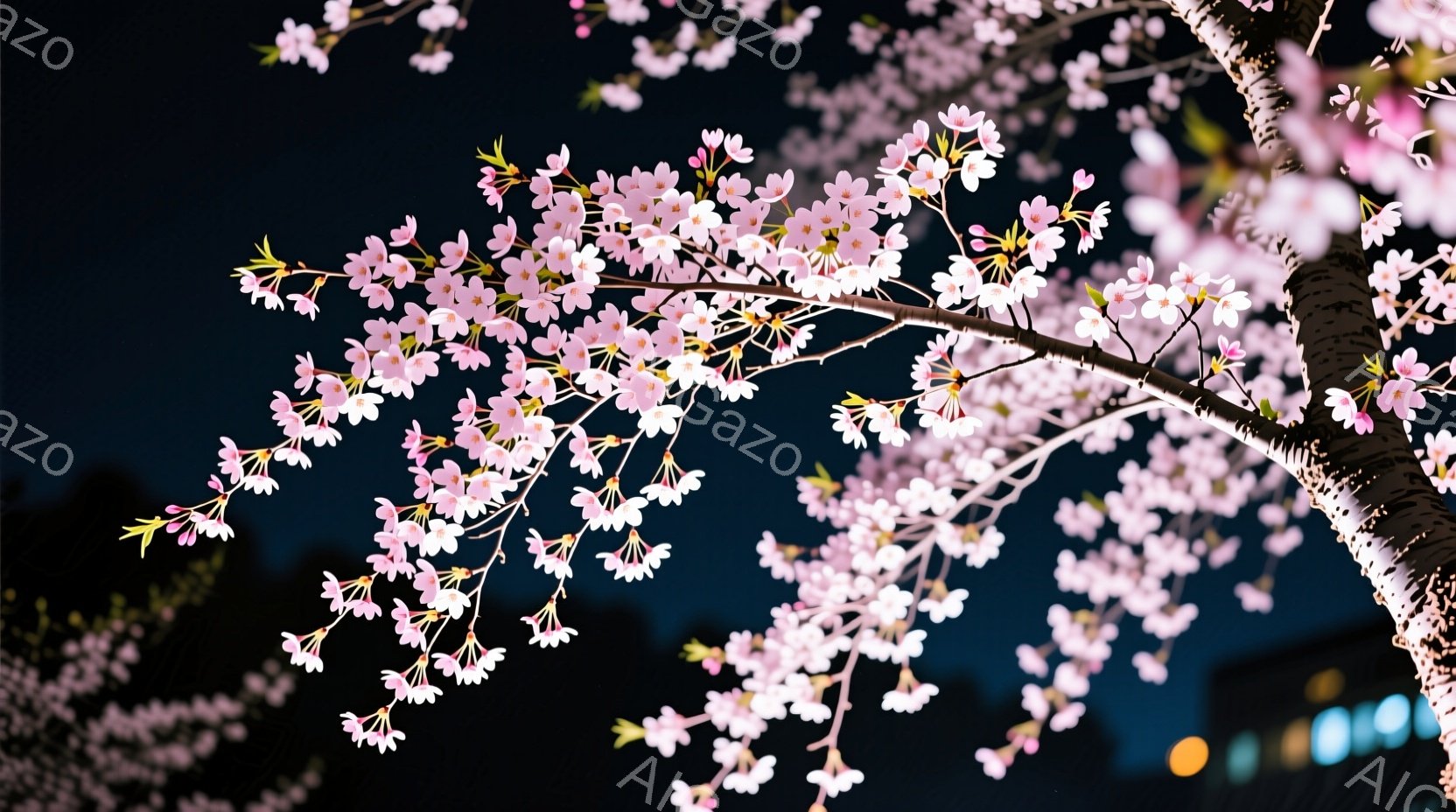 夜空を背景に、桜の枝が咲き誇っている様子が捉えられている。 桜の花びらは淡いピンク色で、夜空とのコントラストが美しい。 遠方にはぼんやりとした街の明かりが見え、幻想的な雰囲気を醸し出している。