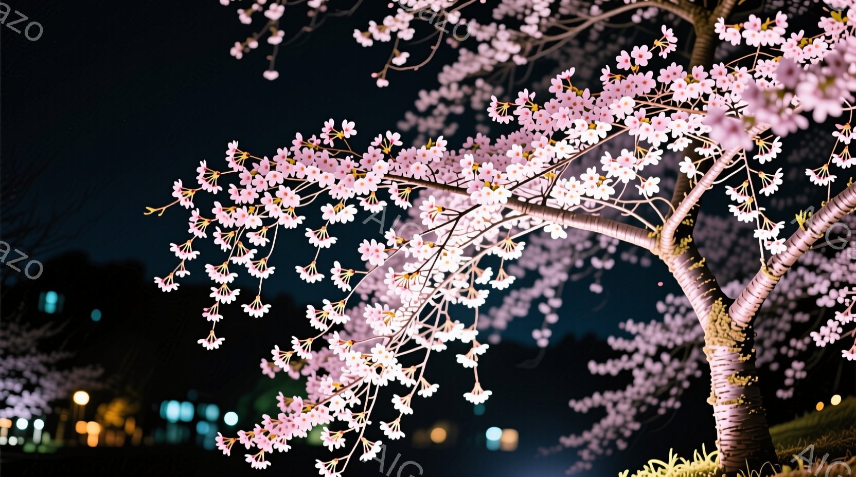 夜空を背景に、満開の桜の枝が力強く伸びています。桜の花は白から淡いピンク色で、ライトアップされ幻想的な雰囲気を醸し出しています。遠景にはぼんやりとした街明かりが見え、夜の静寂と桜の美しさが際立っています。