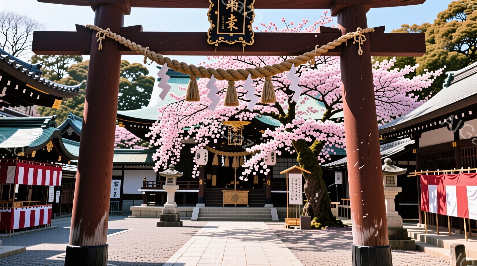 鮮やかな朱色の鳥居が印象的な神社の一角で、満開の桜が咲き乱れている風景です。背景には、伝統的な建築様式の社殿が並び、春の穏やかな日差しが降り注いでいます。全体的に、桜と歴史的な建造物が調和した、静かで - AI生成フリー素材