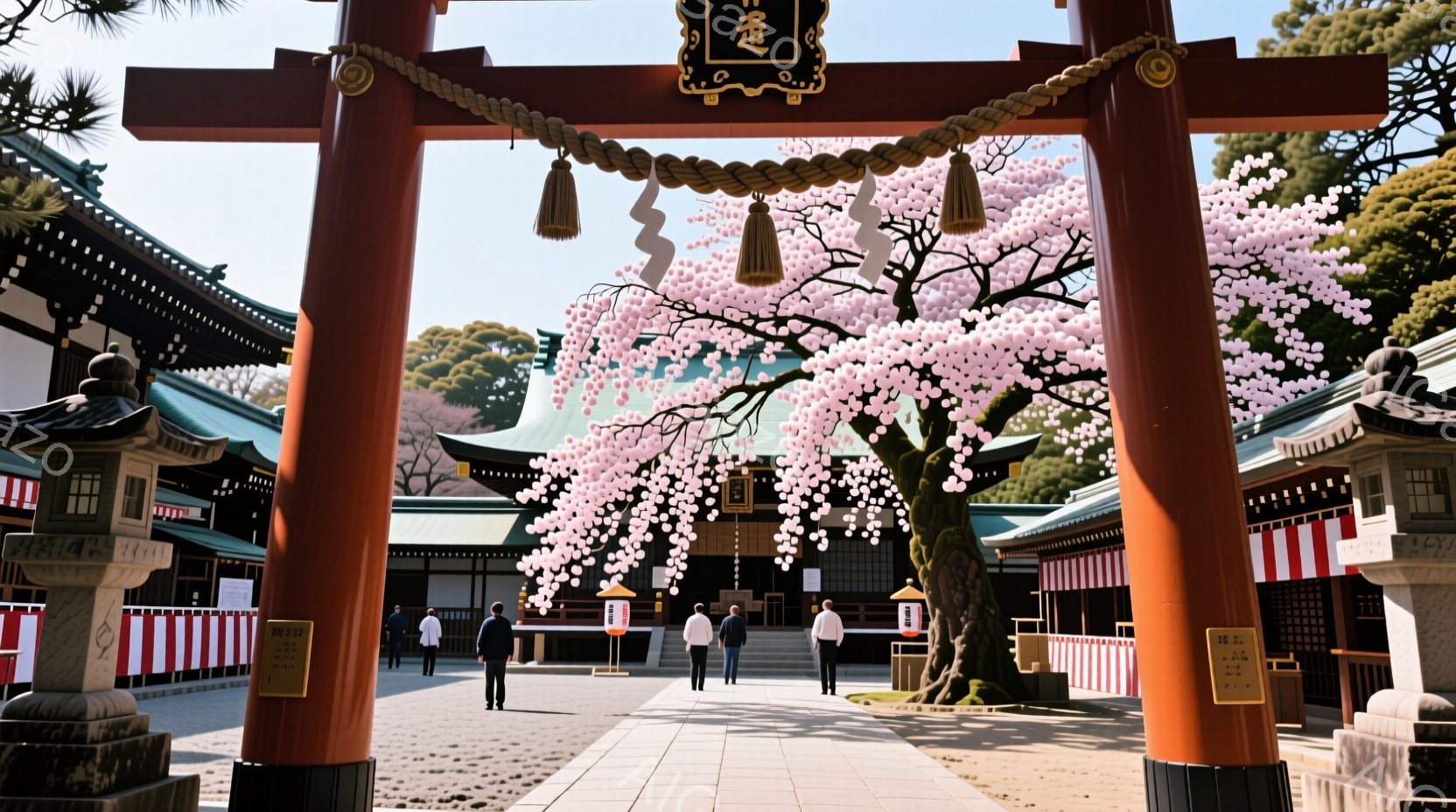 赤い鳥居が立ち並び、その奥に伝統的な日本建築の建物が見える景色です。人々は皆、フォーマルな服装で、鳥居の下をゆっくりと歩いており、敬虔な雰囲気を感じさせます。背景には桜が満開で、春の暖かな日差しの中、穏やかで美しい情景が広がっています。