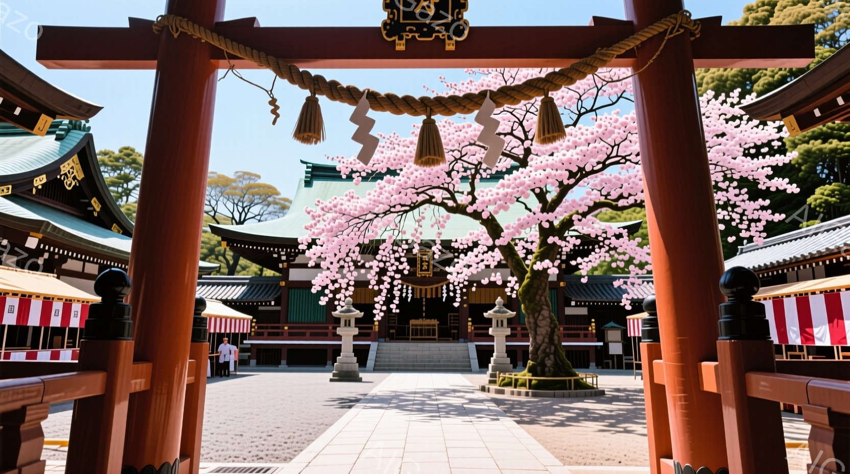 朱色の鳥居に囲まれた参道の中央に、満開の桜が咲き誇る様子が捉えられています。背景には荘厳な社殿がそびえ立ち、晴天の下、参道には数人の人が点在しています。全体的に、厳かで美しい春の日の雰囲気が漂っています。