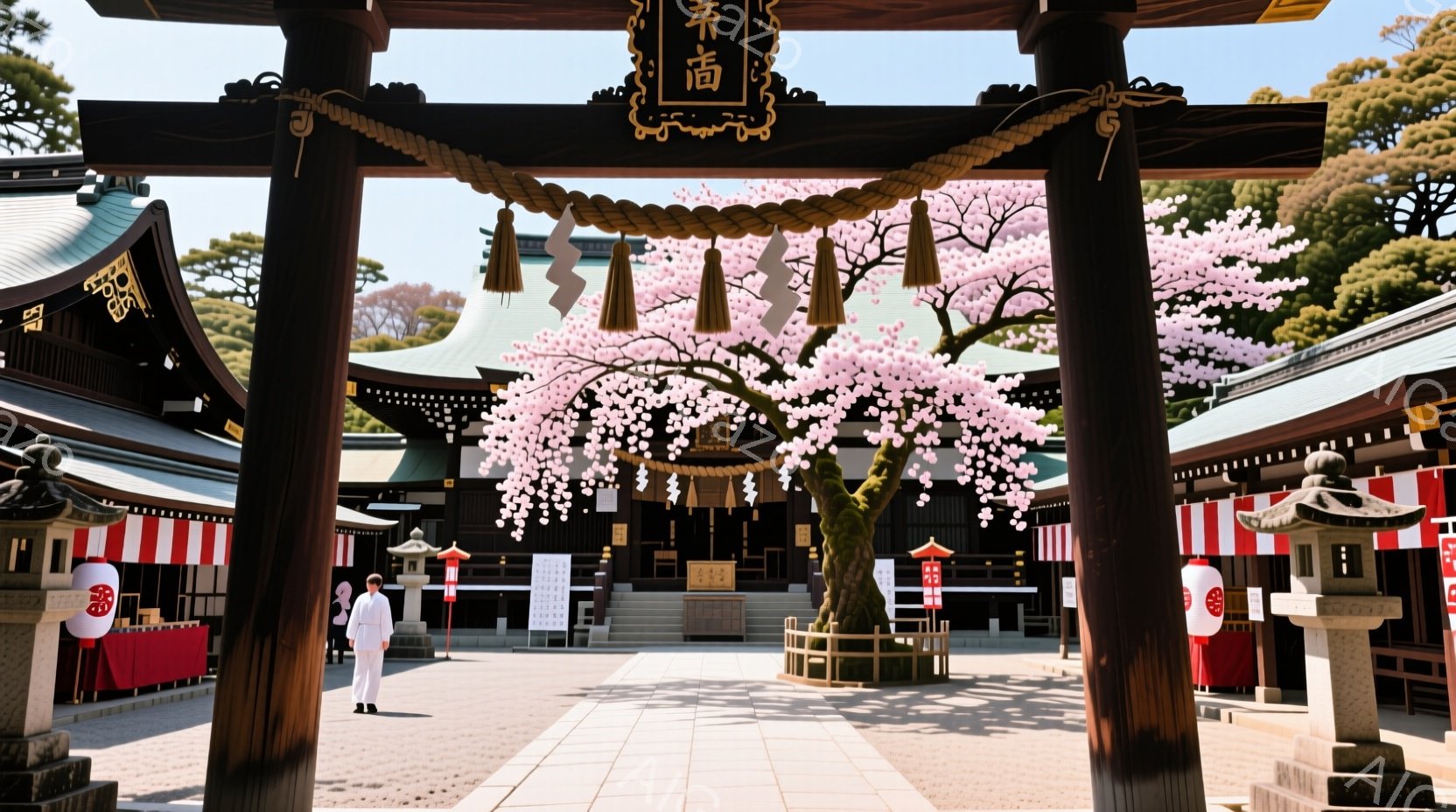神社の朱色の建物と、その前に咲き誇る桜並木が印象的な風景です。一人の男性が白い着物を着て、手を組んで静かに立っています。晴天の下、鮮やかな色彩と穏やかな雰囲気が調和した、春の訪れを感じさせる情景です。 - AI生成フリー素材