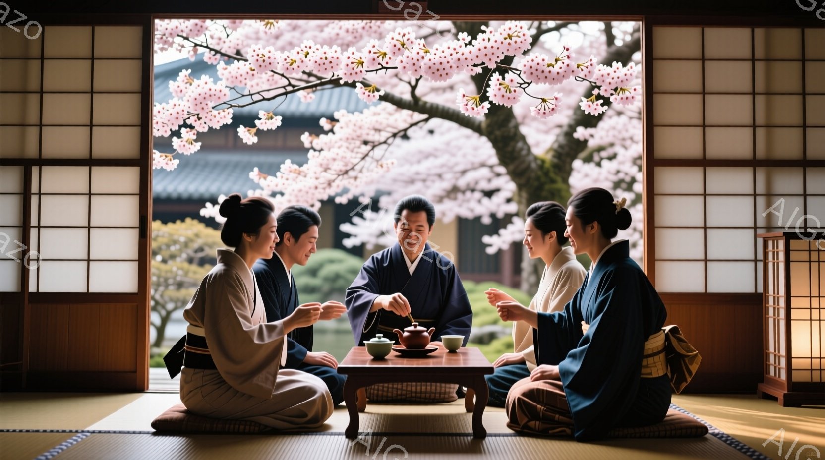 畳の部屋で、着物を着た五人が円座になってお茶を飲んでいます。皆、穏やかな表情で、リラックスした様子で腰を据え、手には湯呑みを持っています。背景には美しい桜の木が見え、春の穏やかな日差しが差し込み、静か - AI生成フリー素材
