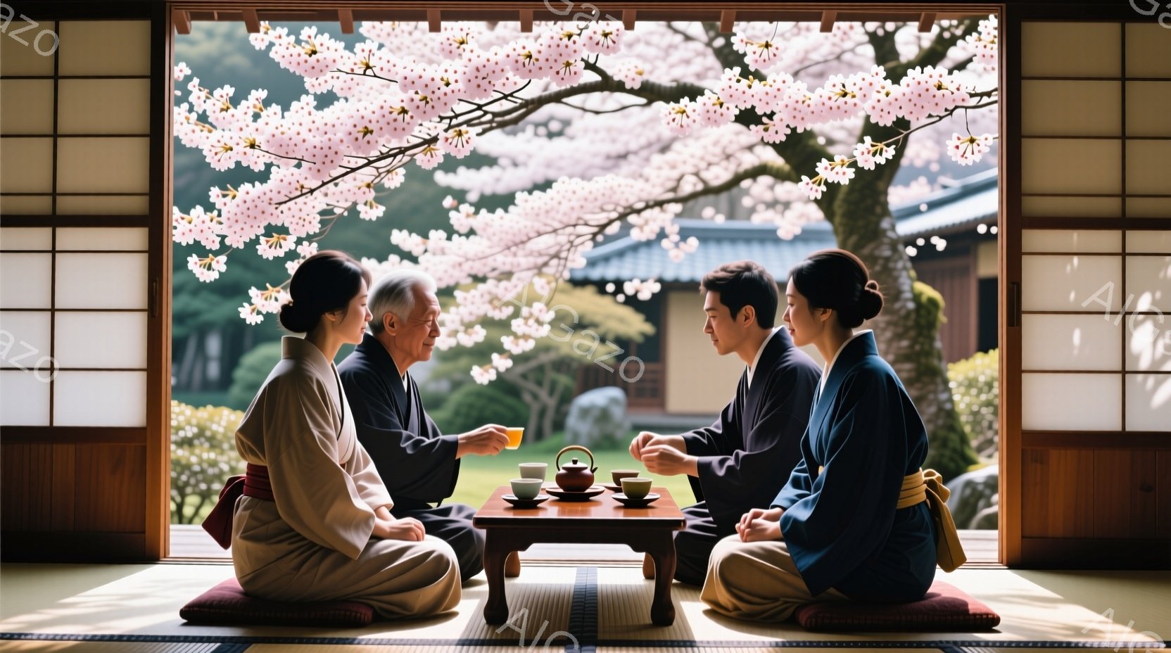 畳の上に座る3人の姿が描かれています。年配の男性と若い女性、そして若い男性は、それぞれ和服を着用し、穏やかな表情で向かい合っています。背景には美しい桜並木と日本の伝統的な庭園が広がり、静かで落ち着いた雰囲気を醸し出しています。