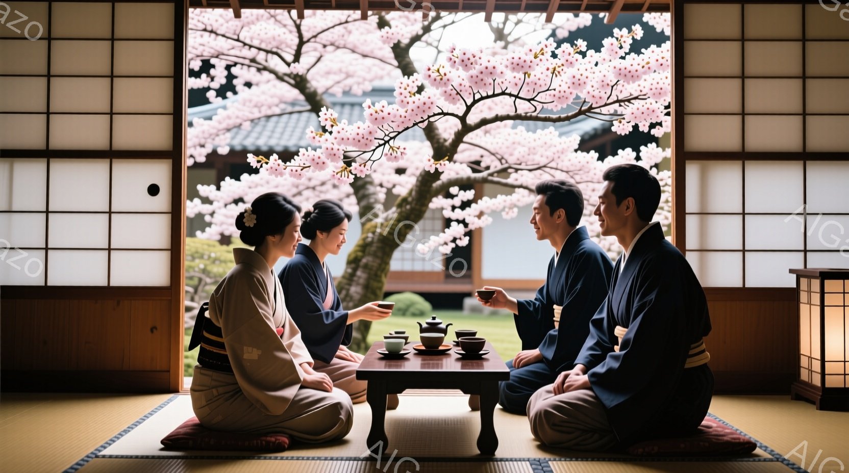 畳の上に座っている人々が、向かい合って茶を飲んでいます。女性はクリーム色の着物を着て髪を後ろでまとめ、男性は濃い青色の着物を着ています。背景には、満開の桜の木と伝統的な日本の家屋が見え、穏やかで静かな雰囲気が漂っています。