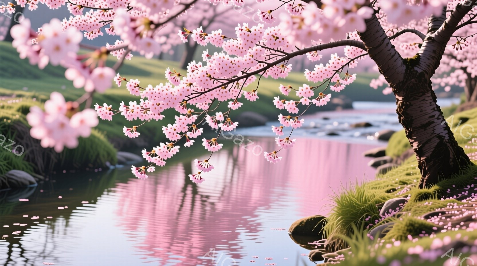 川沿いに桜並木が咲き誇り、水面にピンク色の花びらが反射して美しい光景を作り出している。緑の草むらと岩が川岸を彩り、穏やかな春の陽気が感じられる。全体的に柔らかく、幻想的な雰囲気が漂っている。