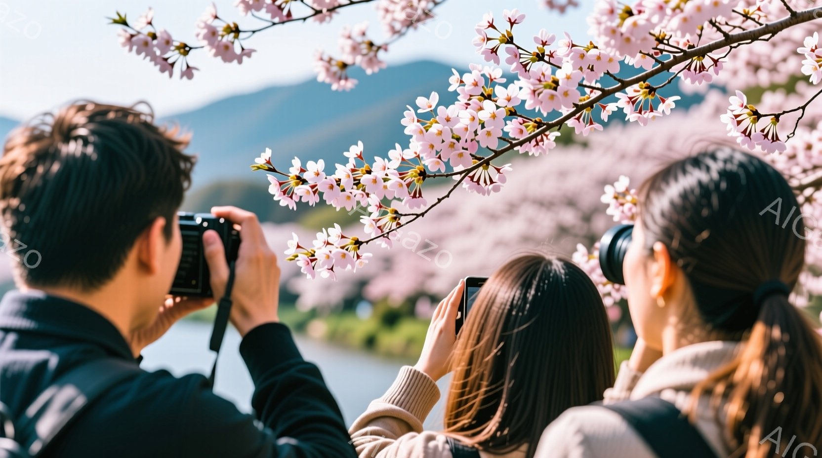 桜並木を背景に、三人の人物がそれぞれスマートフォンやカメラで写真を撮影している様子が写っている。男性は黒いジャケットを着ており、女性たちはベージュや淡い色のセーターを着ている。背景には穏やかな湖と、霞んだ山々が見え、春の暖かく柔らかな光が全体を包み込んでいる。