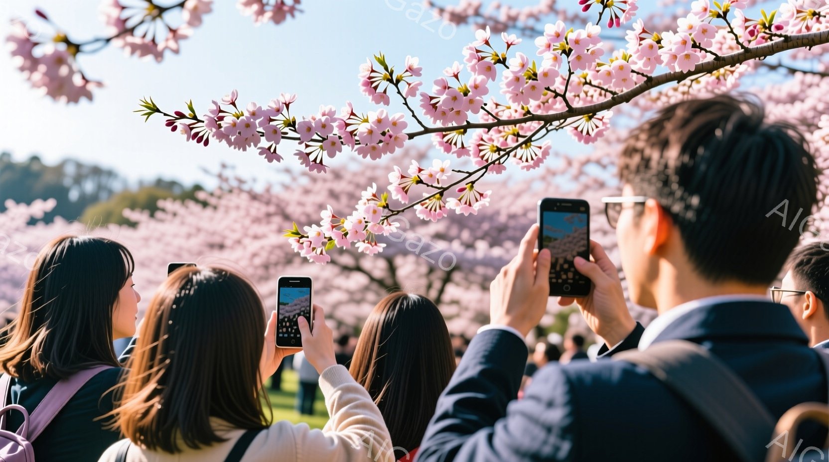 日本語での説明をお依頼いただきました。以下が画像についての簡潔な説明です。 - 人物は、花見の季節に合わせて春の服装を着用しており、髪型も普段とは異なる可能性があります。 - 表情は、感動や喜びを受け入れるように様々なニュアンスがあります。