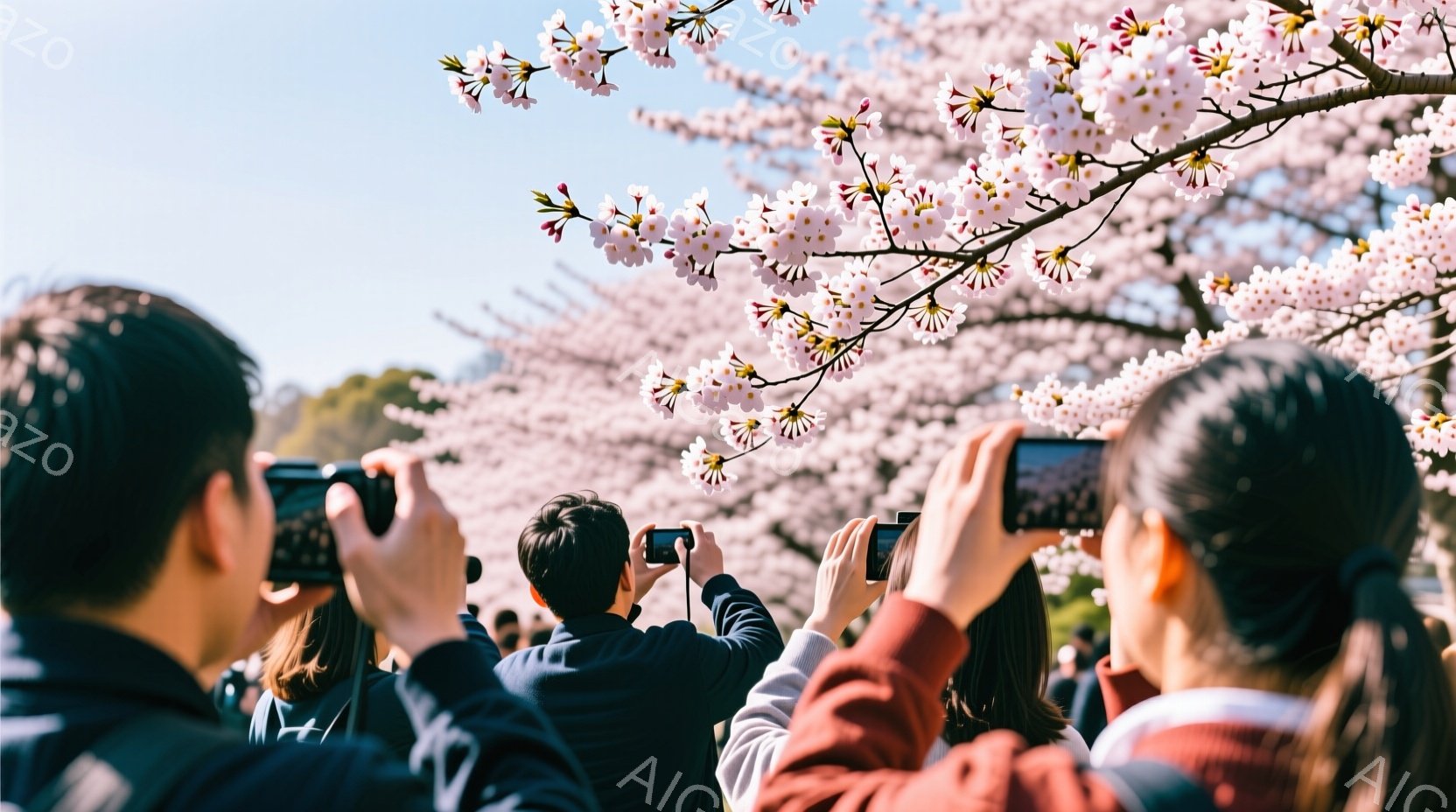 複数の人が桜並木を背景にスマートフォンで写真を撮っています。人々はカジュアルな服装で、一部はジャケットやセーターを着ています。背景には、満開の桜並木が広がり、明るい日差しが降り注いでおり、春の穏やかで - AI生成フリー素材
