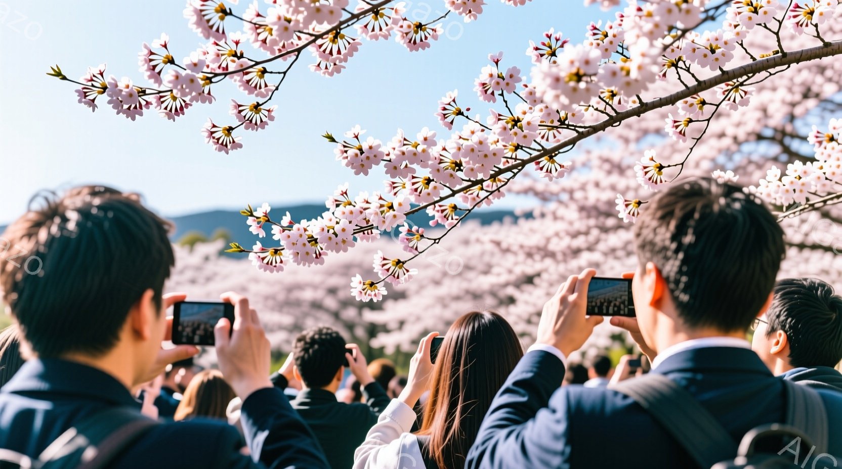 多くの人々がスマートフォンで桜を撮影している様子が写っている。彼らは皆、フォーマルな服装で、ビジネスマンやOLなど、仕事帰りのように見える。背景には、満開の桜並木が広がり、春の暖かな日差しが降り注いでいる。