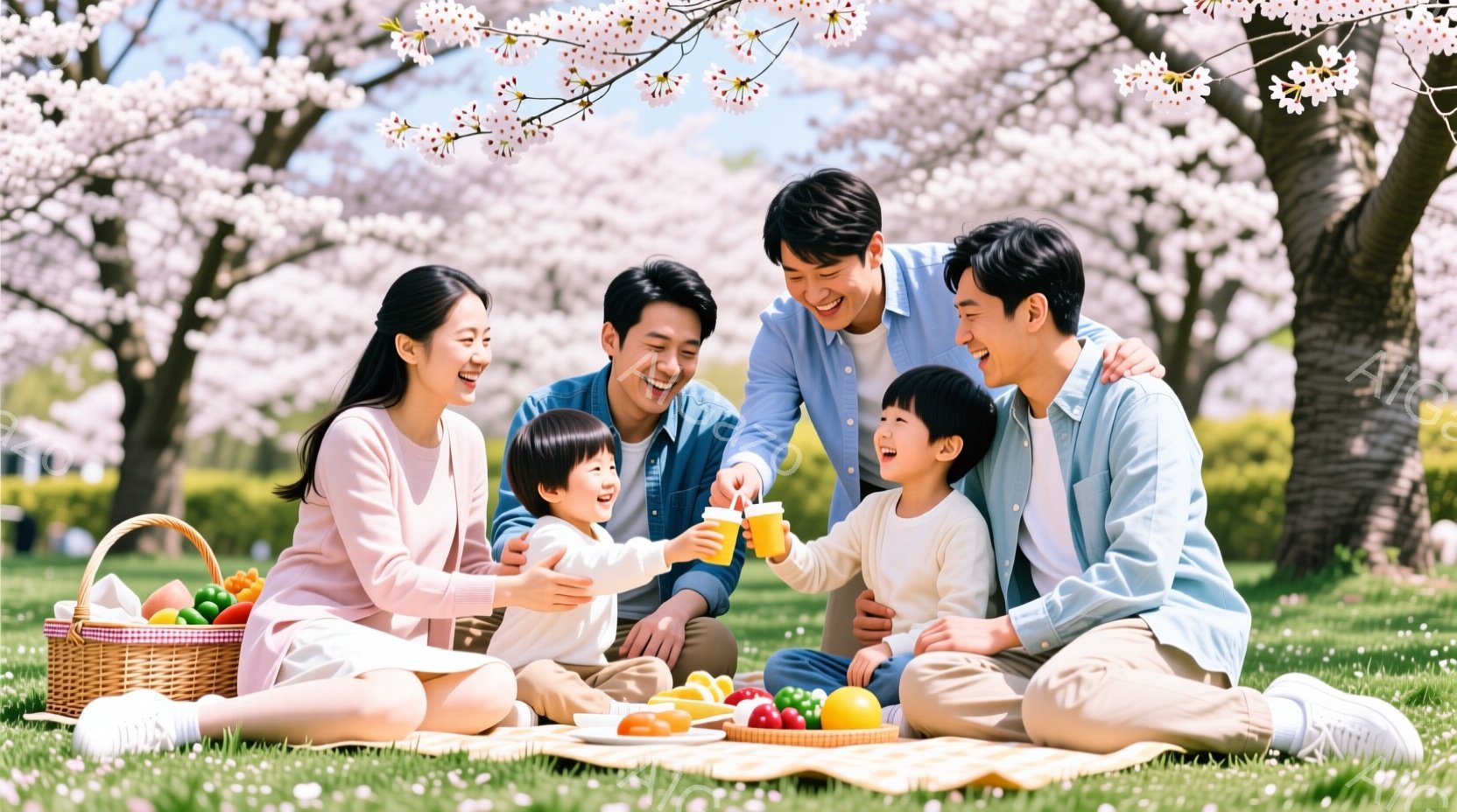 桜並木の下で、ピクニックを楽しんでいる家族の様子が描かれています。母親はピンク色のニットを着て、息子にオレンジジュースを渡そうとしており、父親と別の息子はジュースを持って笑顔で応じています。背景には、満開の桜と緑の芝生が広がり、穏やかで幸せな春の雰囲気を醸し出しています。