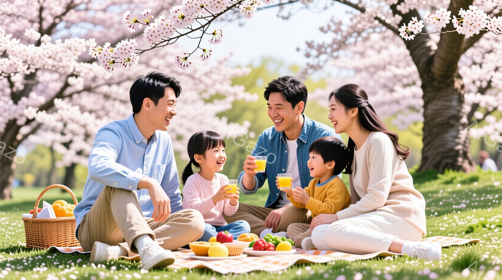 桜の木の下でピクニックを楽しんでいる家族の様子が写っています。父親と母親は青いシャツと白いズボンをそれぞれ着用し、娘と息子はそれぞれピンクと黄色の可愛らしい服を着ています。皆笑顔でオレンジジュースを手 - AI生成フリー素材