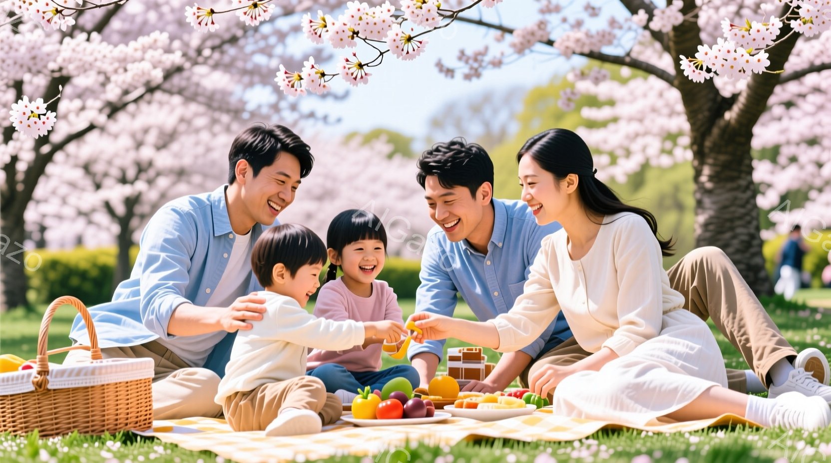 桜の木の下でピクニックを楽しんでいる家族の様子が写っています。父親と母親は笑顔で子供たちにオレンジを渡しており、子供たちは嬉しそうにそれを受け取っています。背景には桜が満開の木々と緑の芝生が広がり、春 - AI生成フリー素材