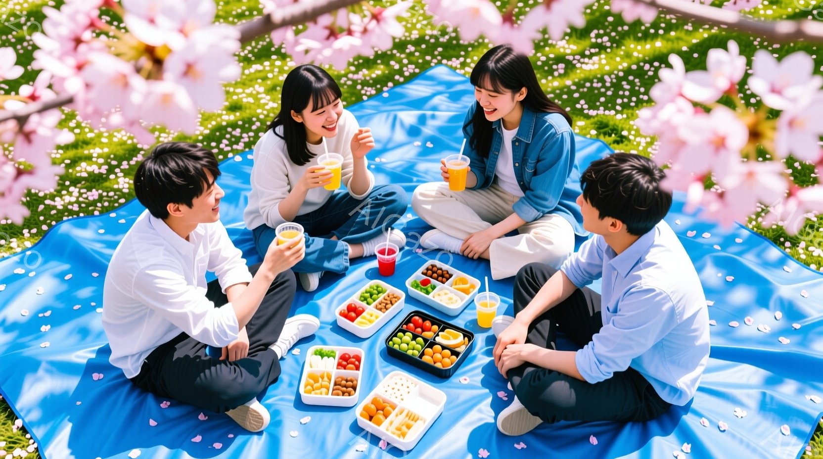 桜の花びらが舞う青いレジャーシートの上で、若い男女4人がピクニックを楽しんでいる。それぞれ白いTシャツやデニムジャケットを着ており、明るい表情で飲み物や弁当を手にしている。背景には桜並木が広がり、春の暖かな日差しの中でリラックスした雰囲気が漂っている。