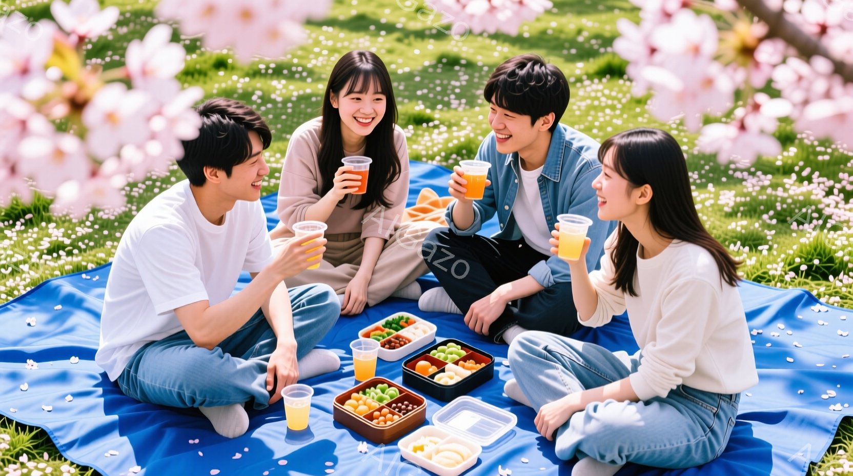 4人の若い男女が青いレジャーシートの上でピクニックを楽しんでいます。皆、カジュアルな服装で、笑顔で飲み物を手にしています。背景には桜が咲き乱れ、春の穏やかな雰囲気を醸し出しています。 - AI生成フリー素材