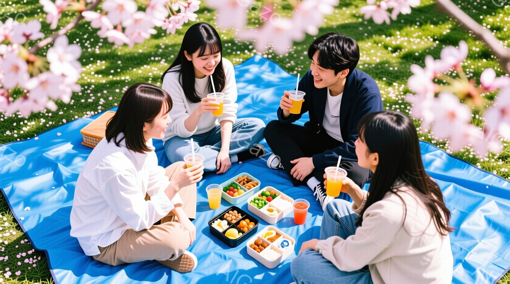 桜並木の青いレジャーシートの上に、若い男女が座って飲み物を楽しんでいます。女性は白いジャケットとジーンズを着用し、ロングヘアを後ろに流しています。男性はネイビーのトップスを着ており、皆笑顔でリラックスした様子です。